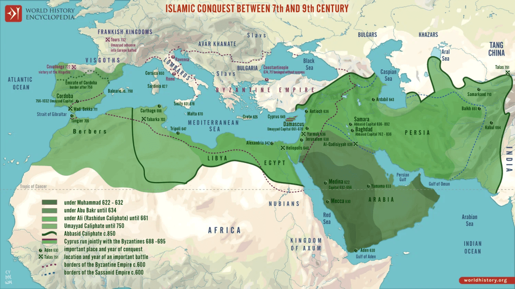 Map illustrating Islamic conquests between the 7th and 9th centuries, showing expansion across parts of Europe, North Africa, and the Middle East, with key locations and historical context.