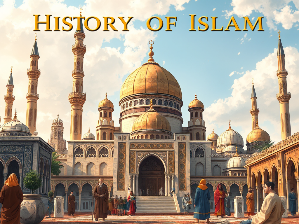 An artistic depiction of a historical scene featuring a grand architectural structure with golden domes and minarets, symbolizing the history of Islam. People in traditional attire are seen interacting in a vibrant setting.