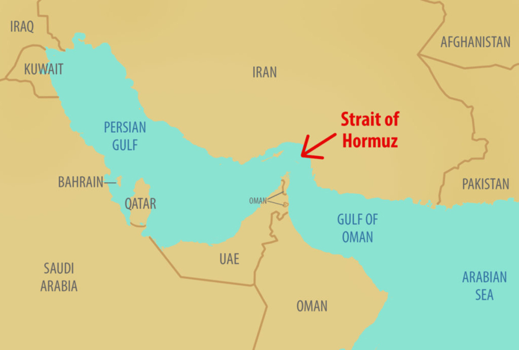 Map showing the Strait of Hormuz highlighted in red, situated between the Persian Gulf and the Gulf of Oman, with surrounding countries labeled.