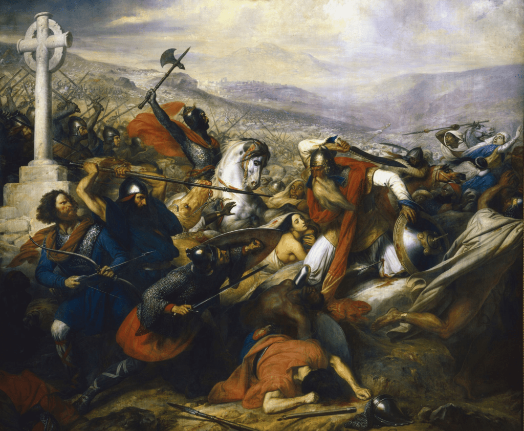 A chaotic battle scene featuring armored warriors in combat, with some wielding weapons and others fallen on the ground. A cross stands prominently in the background, with a dramatic sky overhead.