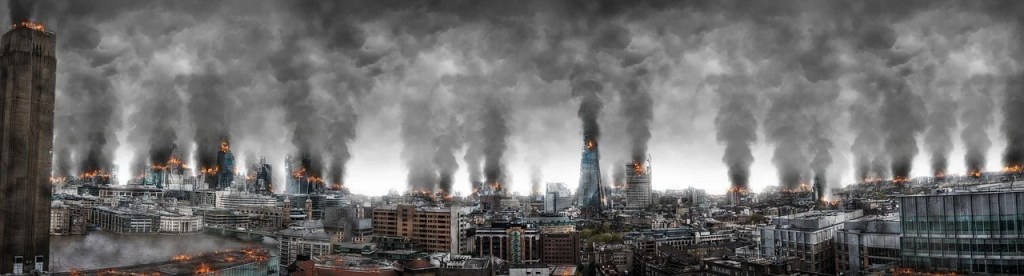 A panoramic view of a cityscape engulfed in flames and smoke, depicting a dramatic scene of destruction and chaos.