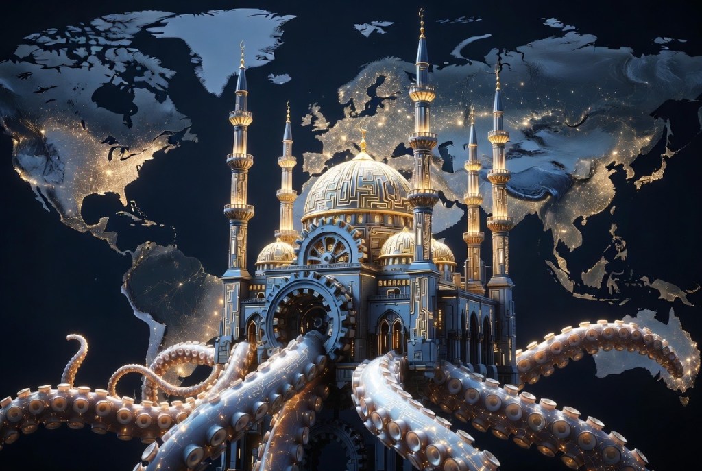 A fantastical structure resembling a mosque with domes and minarets, intertwined with large octopus tentacles, set against a dark background featuring a map of the world illuminated with city lights.