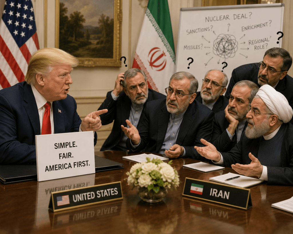 A meeting between U.S. and Iranian officials, with Donald Trump speaking and a sign reading 'SIMPLE. FAIR. AMERICA FIRST.' on the table. Several Iranian representatives appear confused or questioning, with a board in the background listing terms related to a nuclear deal.