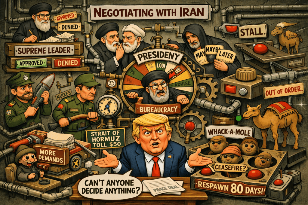 A satirical illustration depicting a chaotic negotiation scene with various characters, including a central figure representing a president, interacting with symbols of bureaucracy, military, and approval processes regarding negotiations with Iran. Elements include approved/denied stamps, a wheel labeled 'Presidency', and humorous references to military and diplomatic terms.