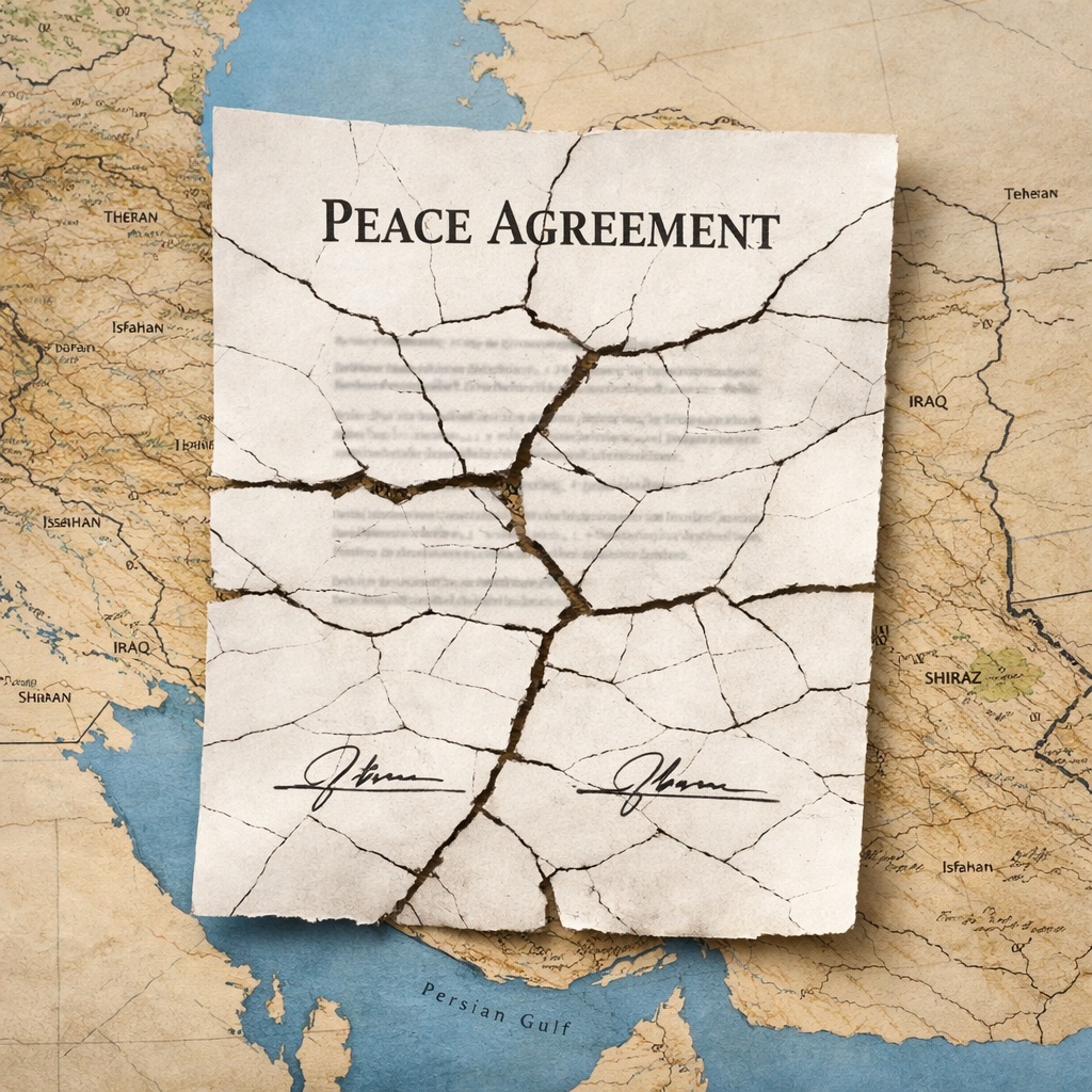 A cracked peace agreement document with signatures, placed over a map of the Middle East.