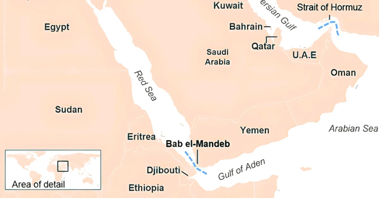 Map showing the Bab el-Mandeb Strait between Yemen and Djibouti, highlighting surrounding countries including Egypt, Sudan, Eritrea, Ethiopia, and Saudi Arabia, as well as the Gulf of Aden and the Red Sea.