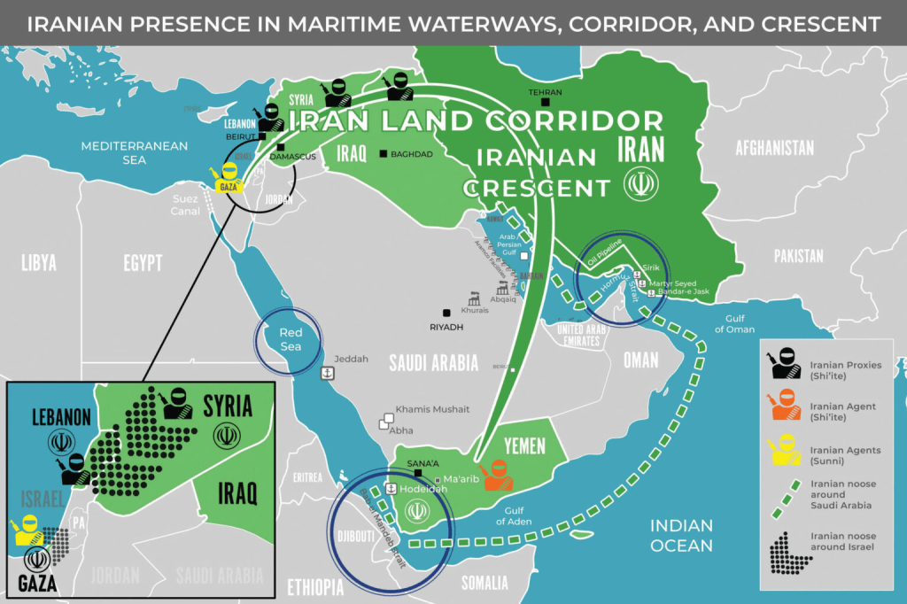 Map illustrating Iranian presence in maritime waterways, highlighting the Iran Land Corridor and Iranian Crescent, with key areas in Iraq, Syria, Lebanon, and Yemen.