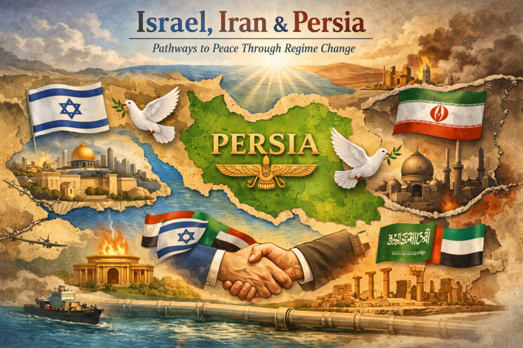 Illustration depicting the geopolitical landscape of Israel, Iran, and Persia, with symbols of peace such as doves and olive branches, flags of the countries involved, and visual elements representing historical and cultural landmarks.