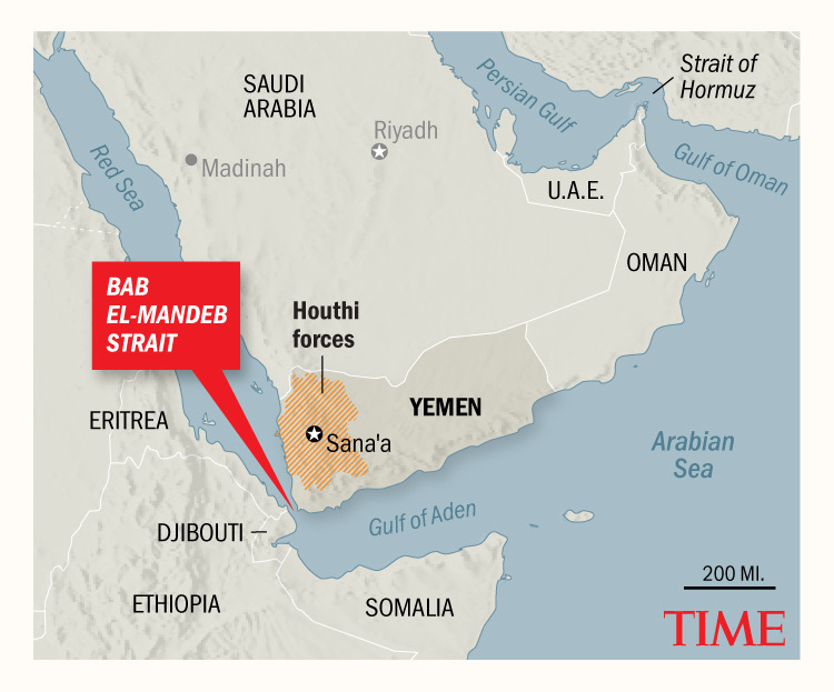 Map showing the Bab el-Mandeb Strait, highlighting Yemen and the location of Houthi forces along with surrounding countries including Saudi Arabia, Eritrea, Djibouti, Somalia, and Oman.