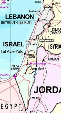 Map of Israel and its neighboring countries, including Lebanon, Jordan, Syria, and Egypt, highlighting major cities like Tel Aviv, Haifa, Jerusalem, and regions like the West Bank and Gaza Strip.
