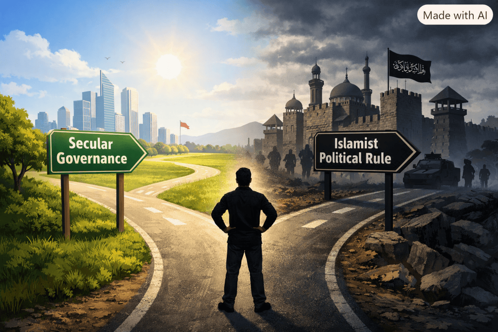 A person stands at a crossroads with two signs: one pointing towards 'Secular Governance' with a bright, thriving city in the background, and the other towards 'Islamist Political Rule' with a dark, somber landscape featuring a castle and figures in military attire.